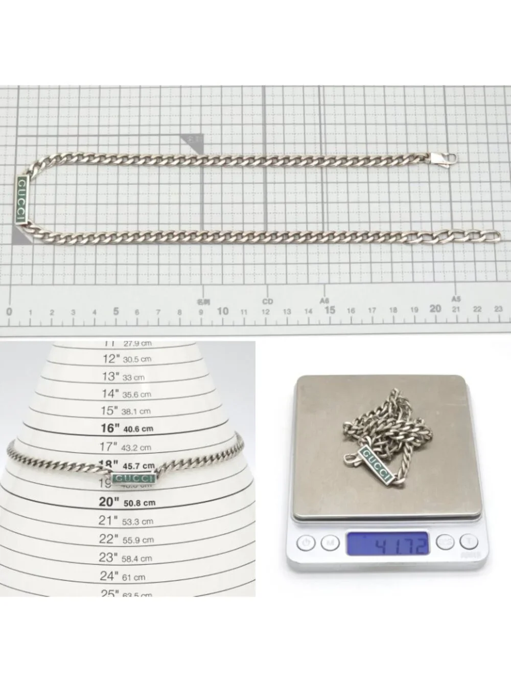 Gucci Logo Enamel Necklace 41.5 45.5 Turquoise Blue Sterling Silver